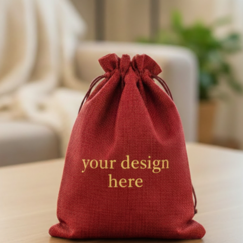 Red drawstring bag with 'your design here' text on a blurred indoor background