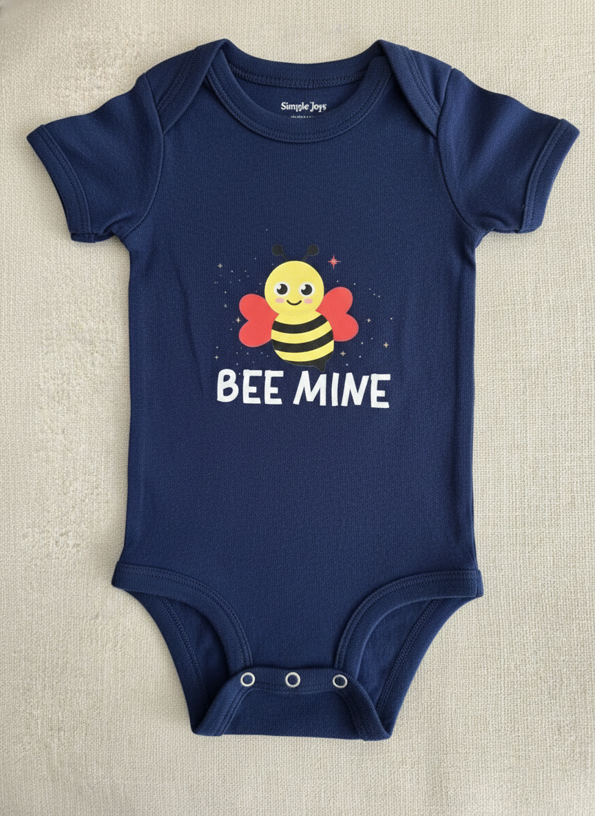 Navy blue baby onesie with a bee design and 'BEE MINE' text on a beige background