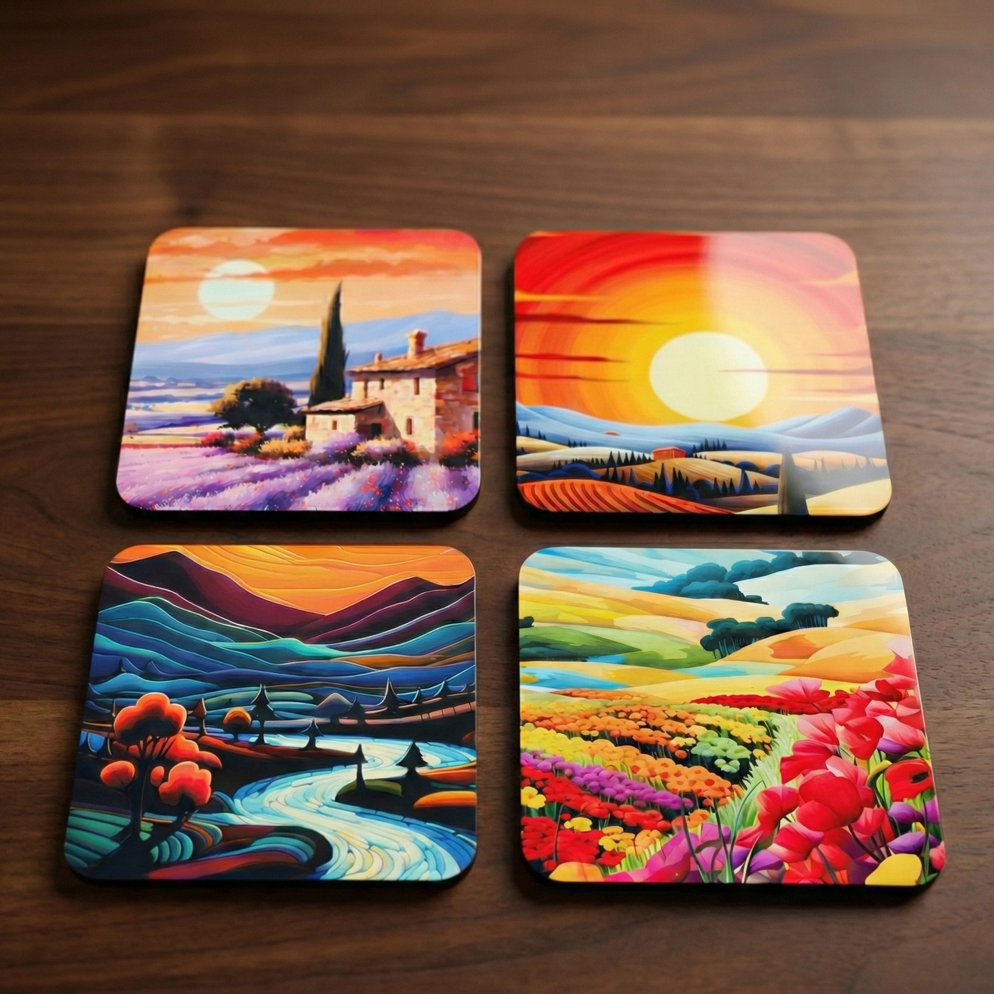 Four colorful landscape coasters on a wooden surface