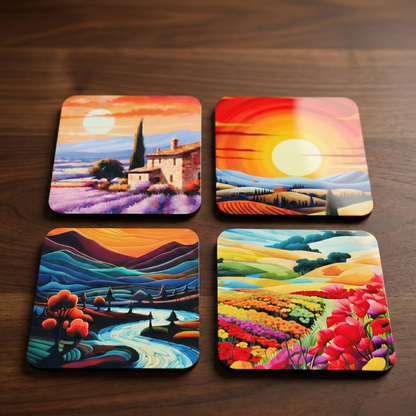 Four colorful landscape coasters on a wooden surface