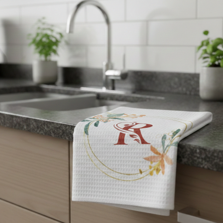 Kitchen towel with floral design and monogram on a kitchen counter