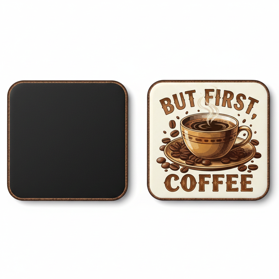 magnets with coffee cup design and 'But First, Coffee' text on a white background