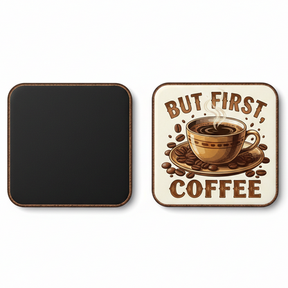 magnets with coffee cup design and 'But First, Coffee' text on a white background