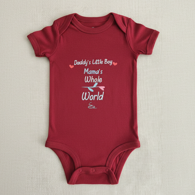 Red baby onesie with text on a beige background