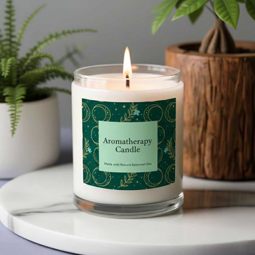 Aromatherapy candle with a green label in front of potted plants custom sticker