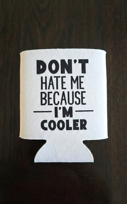 White can cooler with black text on a dark background