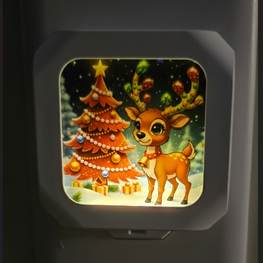 Decorative night light with a reindeer and Christmas tree design.