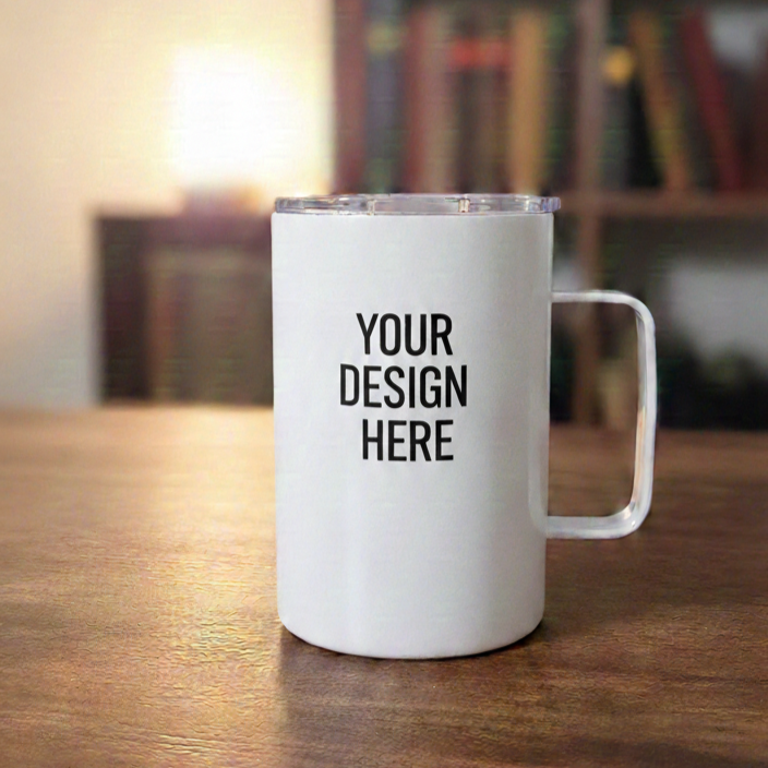 White mug with 'Your Design Here' text on a wooden surface