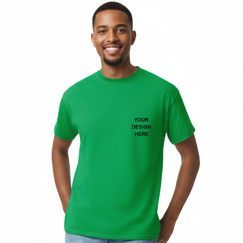 Green t-shirt with 'Your Design Here' text on a white background