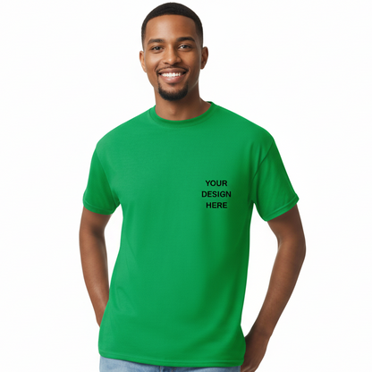 Green t-shirt with 'Your Design Here' text on a white background