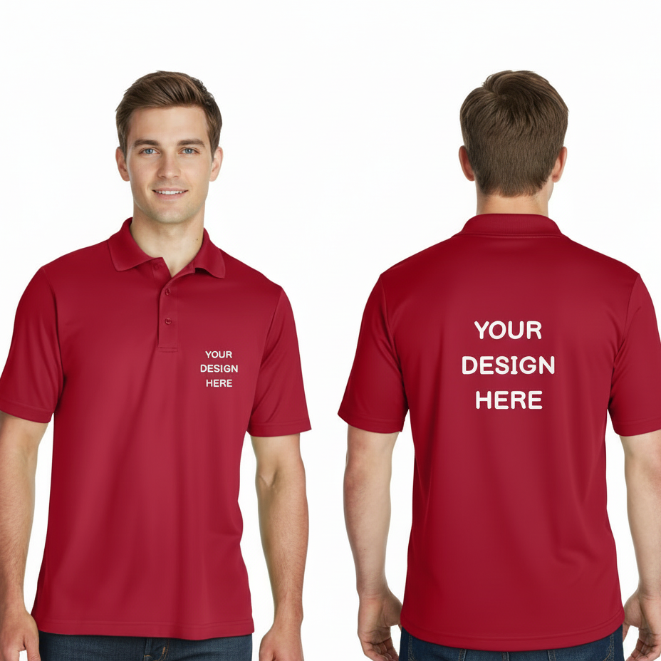 Red polo shirt with 'Your Design Here' text on front and back, worn by a person.