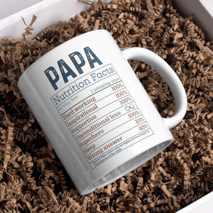 White mug with 'PAPA Nutrition Facts' text on a bed of brown crinkle paper