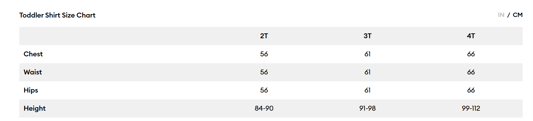 Toddler shirt size chart with measurements in inches and centimeters