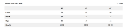 Toddler shirt size chart with measurements in inches and centimeters
