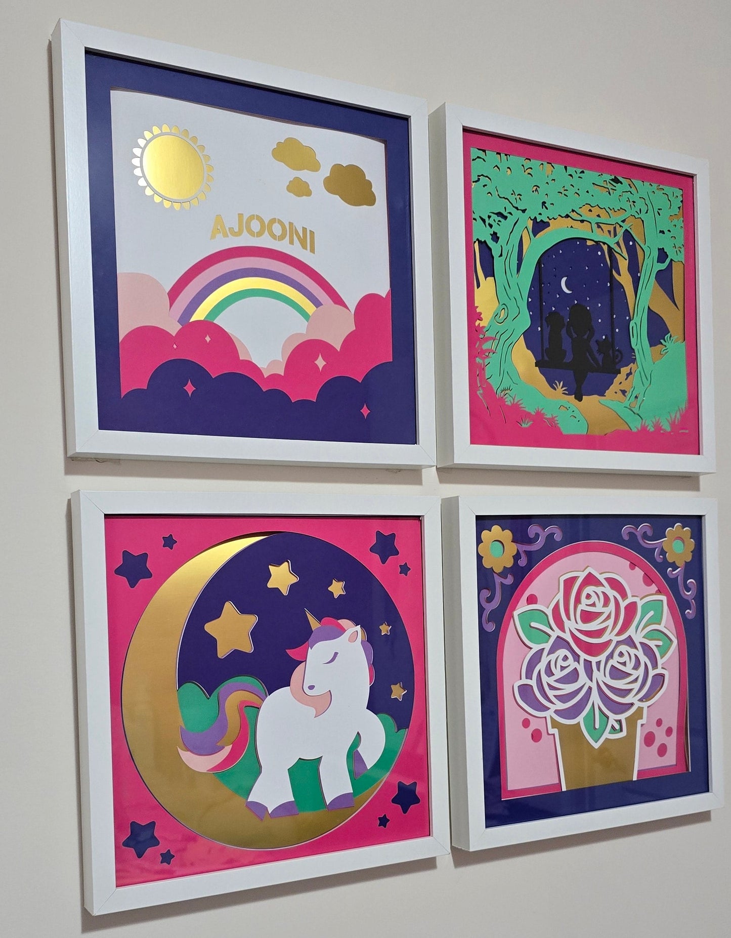 Four colorful greeting cards with different designs on a light gray background