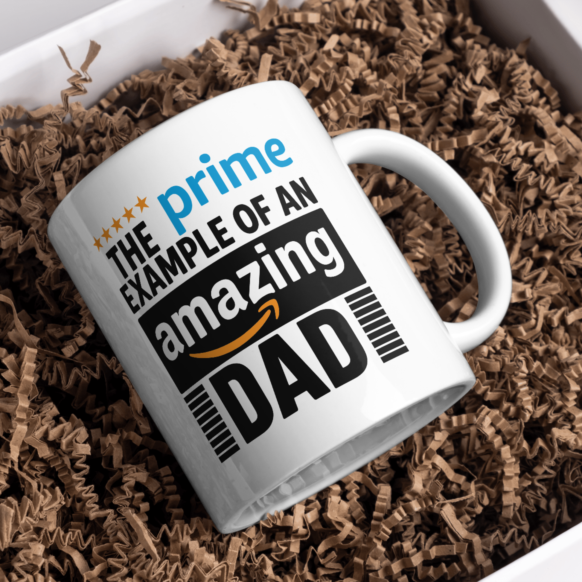 White mug with Amazon-themed text on a bed of brown crinkle paper