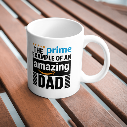 White mug with text on a wooden surface
