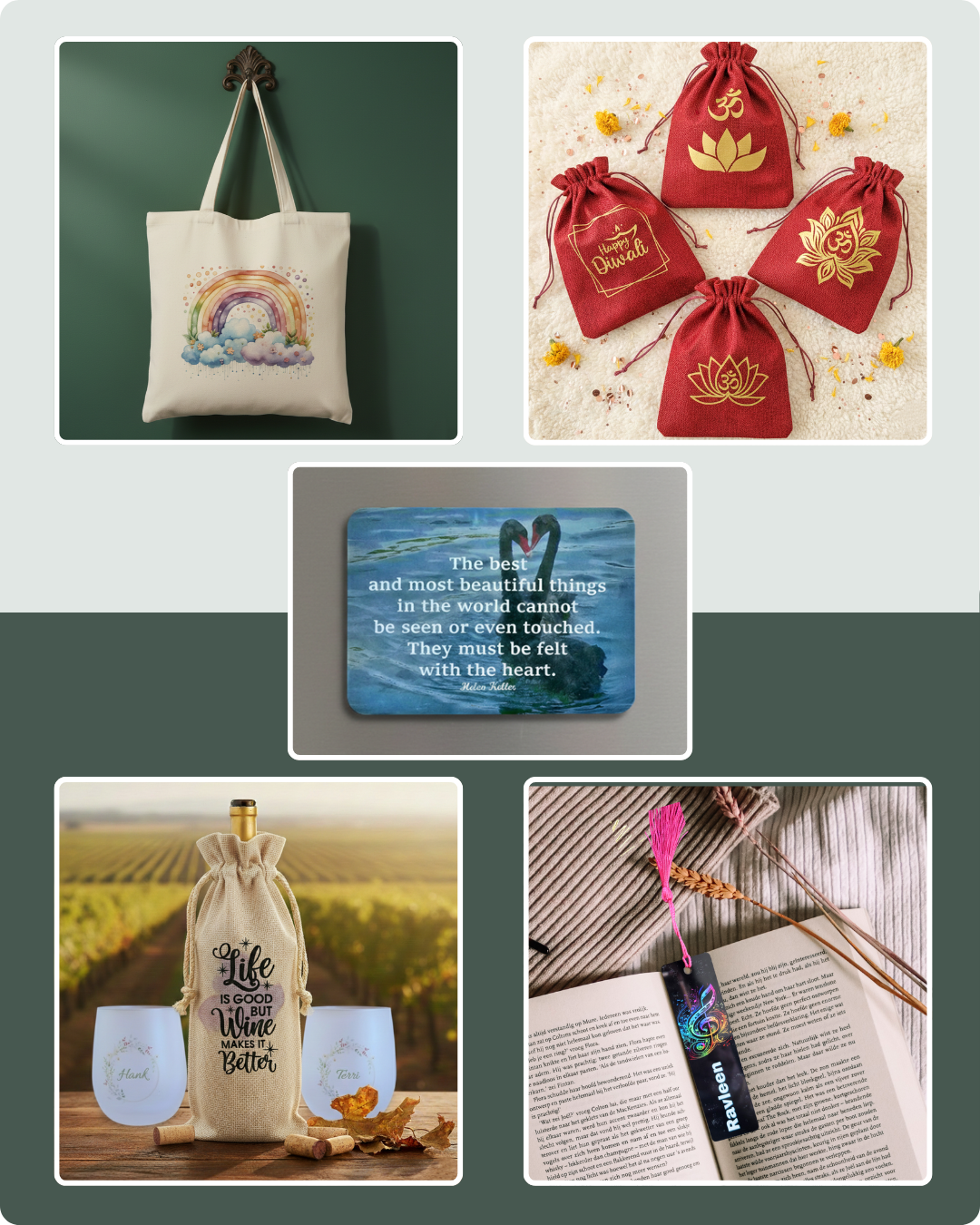 Collection of promotional items including a tote bag, wine bottle cover, and small bags with text on a light blue background.