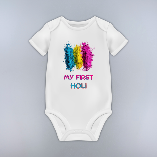 White baby onesie with colorful powder and 'My First Holi' text on a gray background