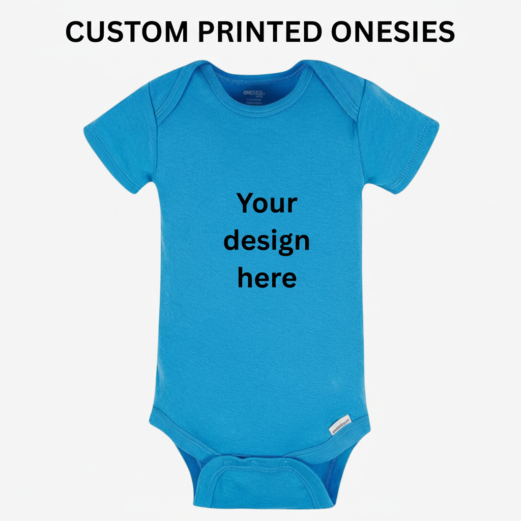 Blue baby onesie with 'Your design here' text on a white background