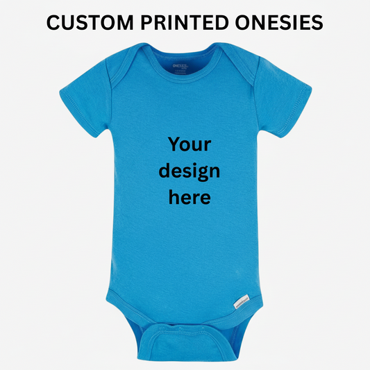 Blue baby onesie with 'Your design here' text on a white background