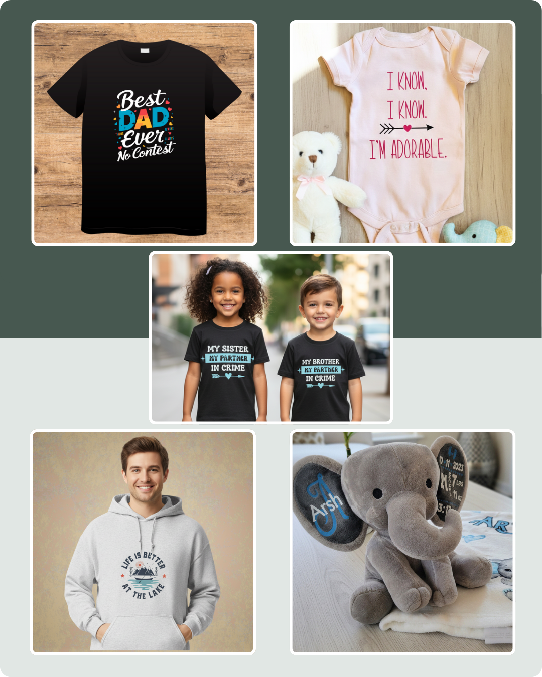 Collection of family-themed products including t-shirts, a hoodie, and a plush toy on a dark gray background.