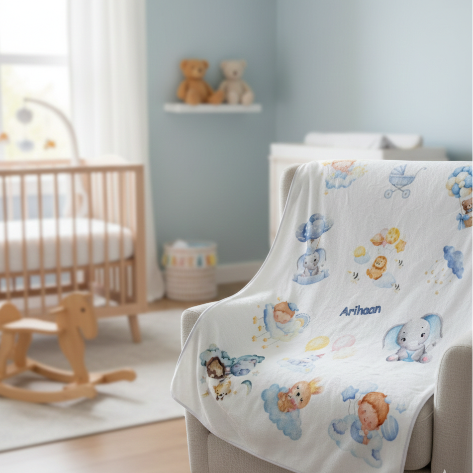 Baby blanket with custom teddy bear and elephant and other images blue tone