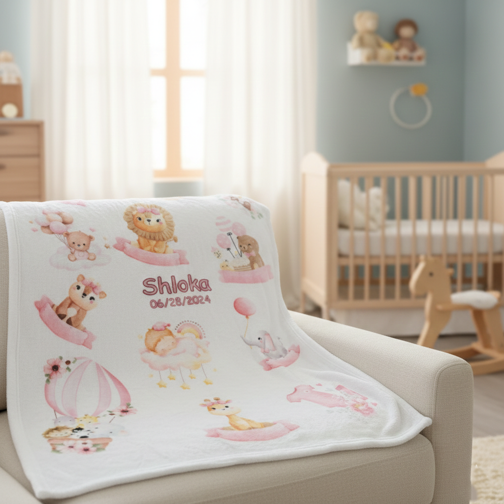 Baby blanket with custom animal images and patterns with pink tone