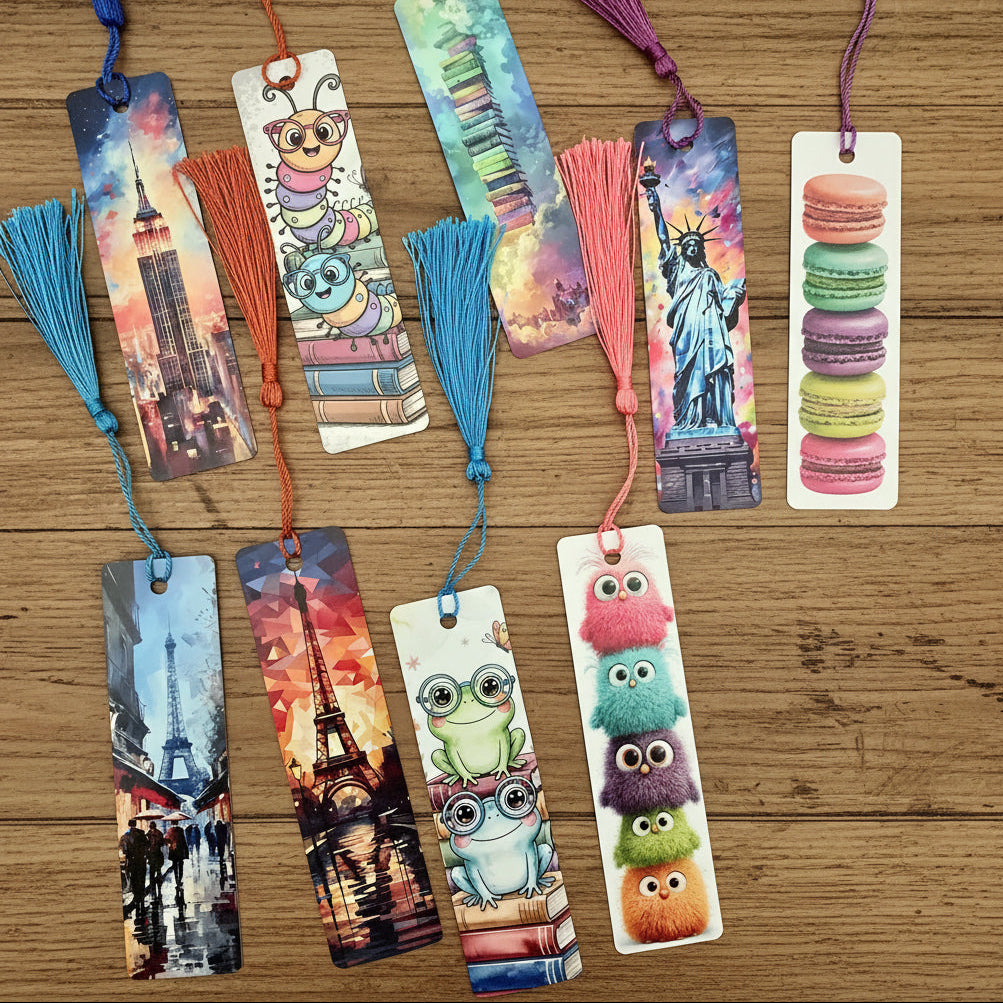 Colorful bookmarks with various designs on a wooden surface