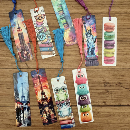 Colorful bookmarks with various designs on a wooden surface