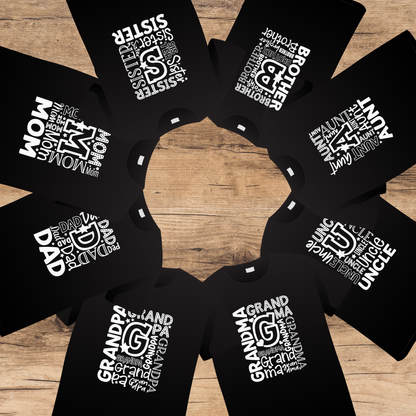 Black Family t-shirts with white text on a wooden surface