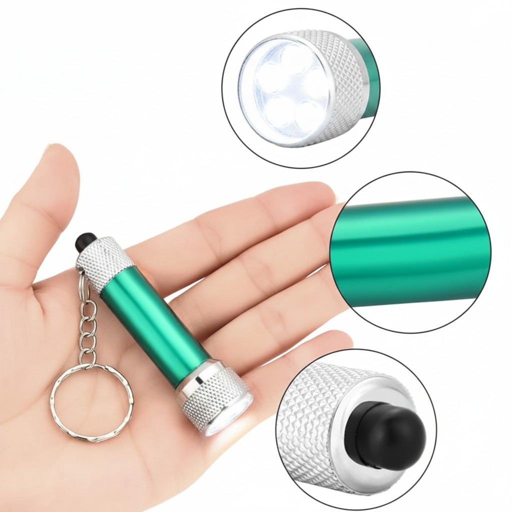 Green flashlight with keychain held in a hand, showing detailed views of the flashlight.
