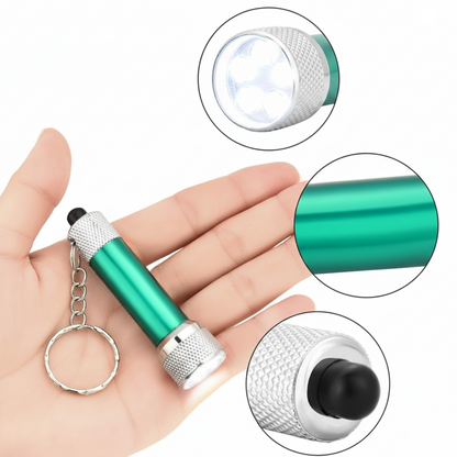 Green flashlight with keychain held in a hand, showing detailed views of the flashlight.