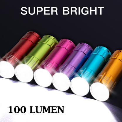 Colorful flashlights with 'Super Bright' and '100 Lumen' text on a dark background