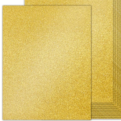 Two gold glittery cardstock sheets on a white background
