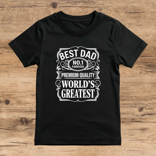 Black t-shirt with white text on a wooden surface