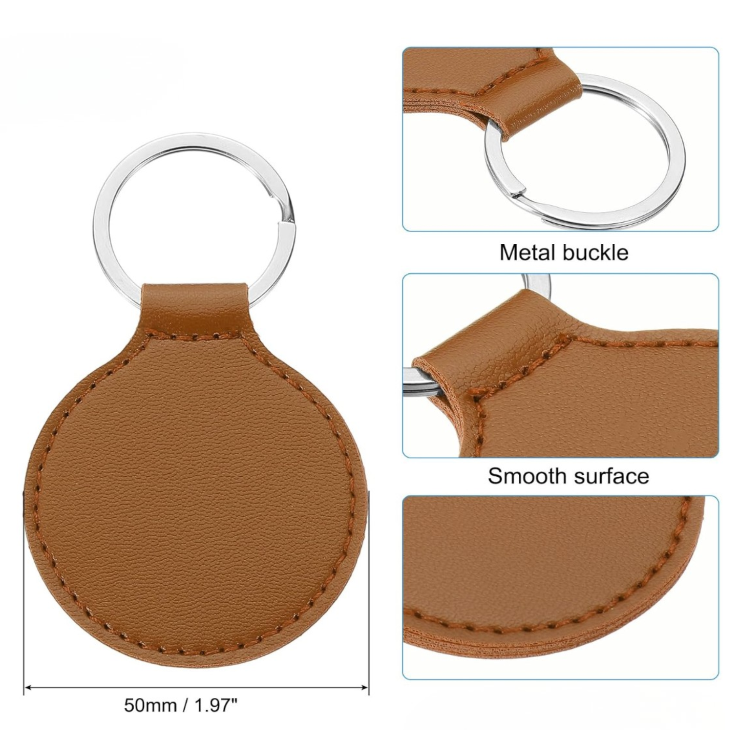 Brown leather keychain with metal buckle and smooth surface, showing details and dimensions.