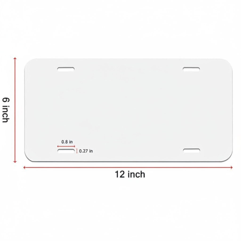 A white rectangular license plate with rounded corners shown on a light gray background, with red dimension arrows and text indicating 12 inch width and 6 inch height, plus small inset measurements near the lower left.