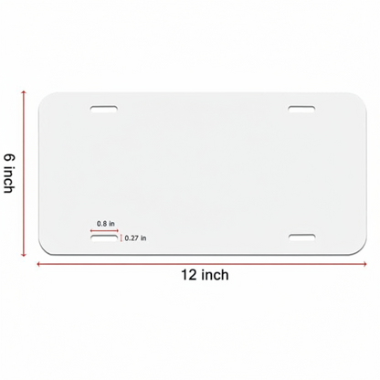 A white rectangular license plate with rounded corners shown on a light gray background, with red dimension arrows and text indicating 12 inch width and 6 inch height, plus small inset measurements near the lower left.