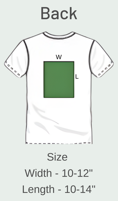 Diagram of a white t-shirt with a green square on the back, showing measurements for width and length.