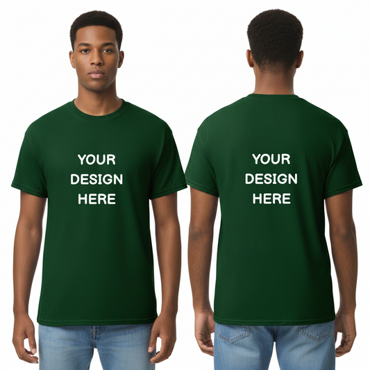 Green t-shirt with 'Your Design Here' text on front and back worn by a person