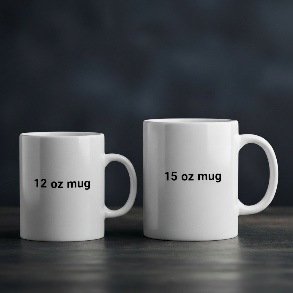 Two white mugs with measurements labeled on a wooden surface