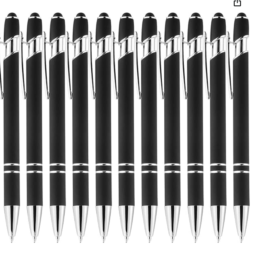 Row of black pens with silver accents on a white background