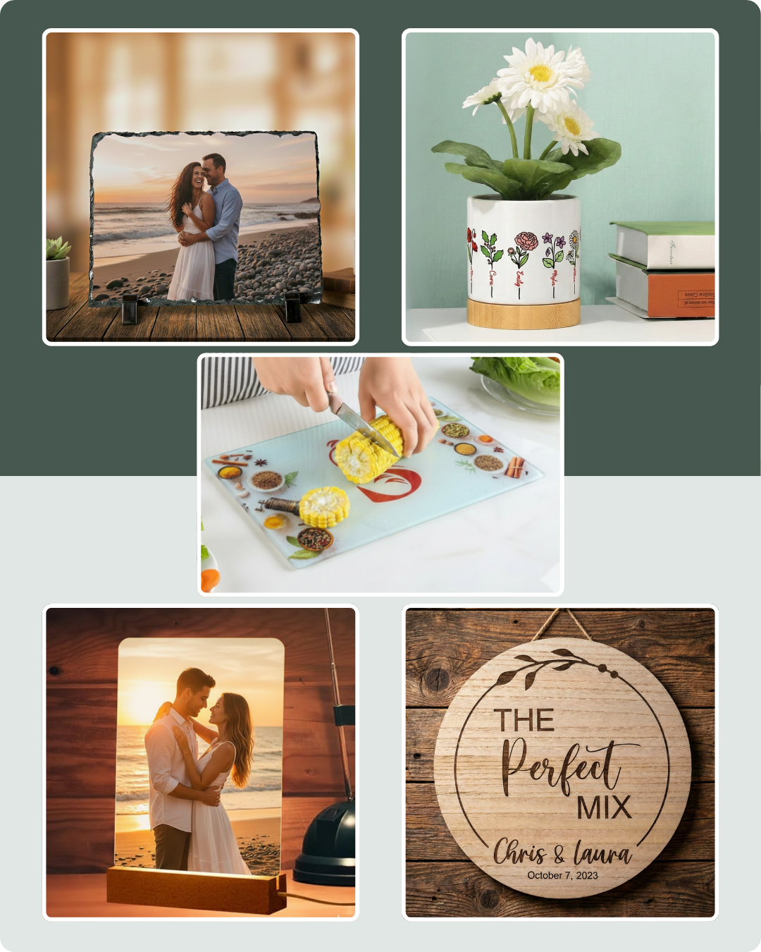 Collection of photo frames and a potted plant on a light gray background