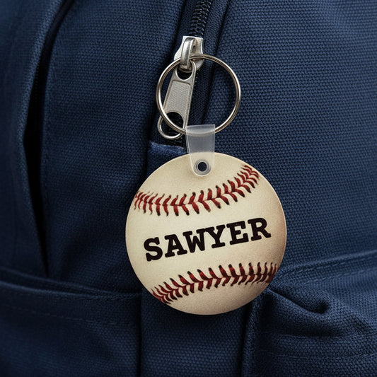 Keychain shaped like a baseball with 'SAWYER' printed on it, on a gray background