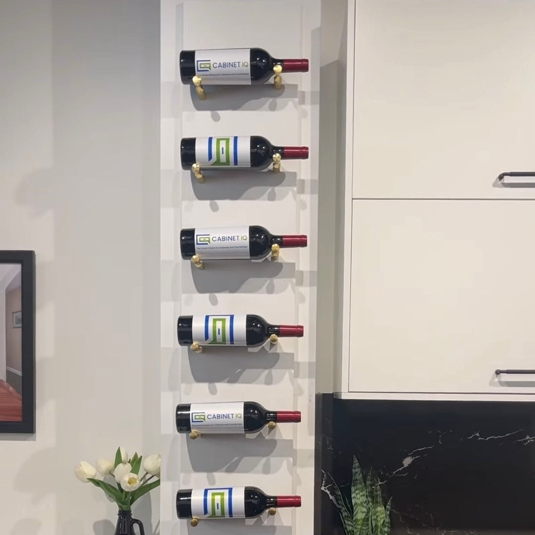 Wall-mounted wine rack with bottles in a kitchen setting