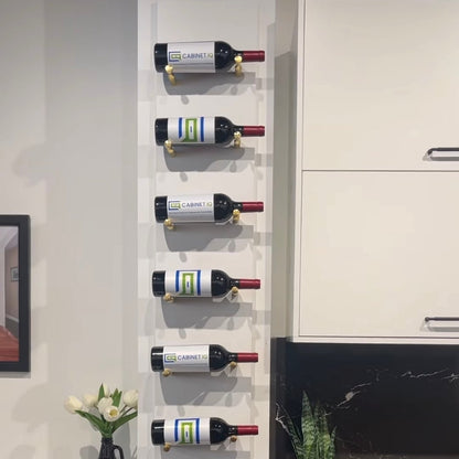 Wall-mounted wine rack with bottles in a kitchen setting