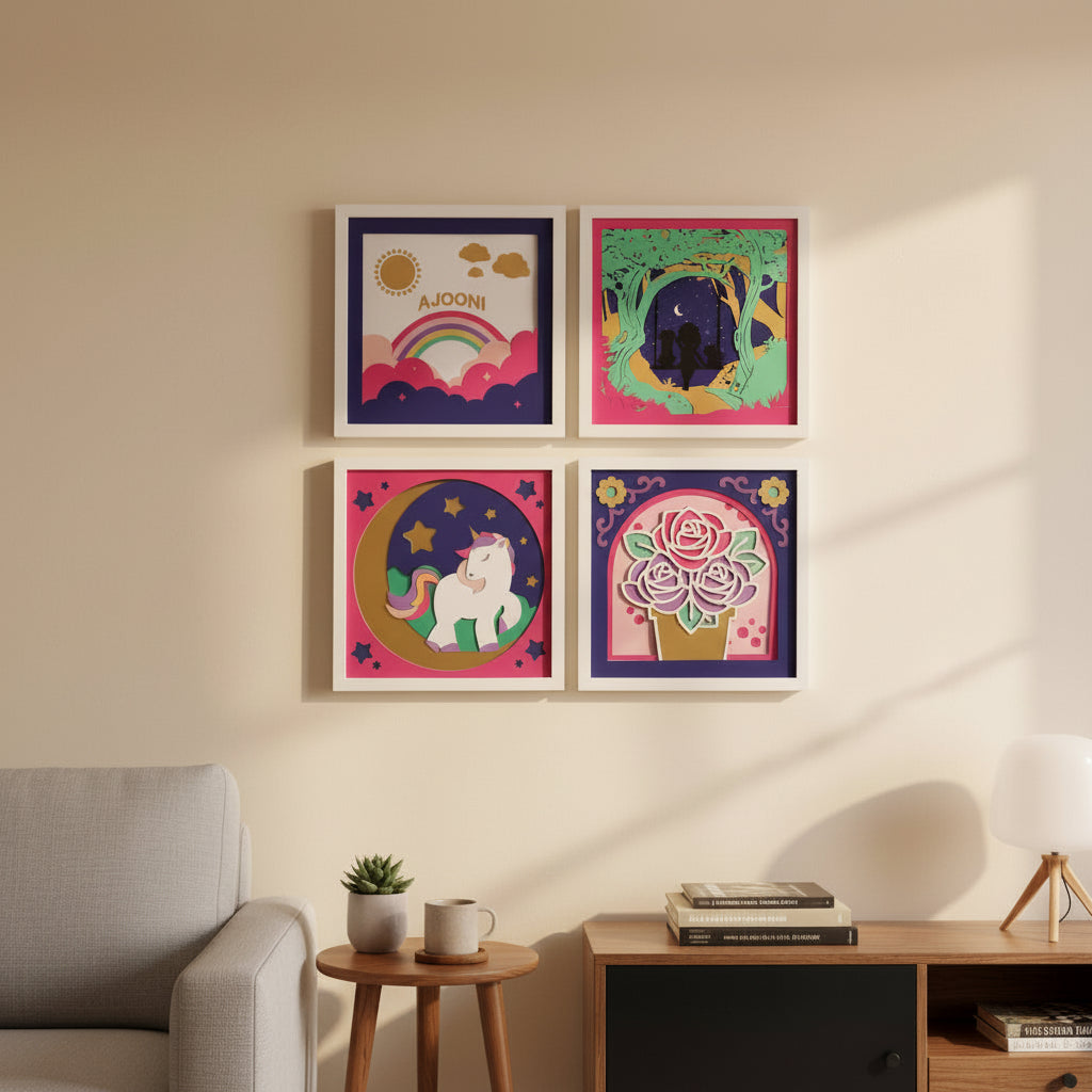 Four colorful framed artworks on a plain wall