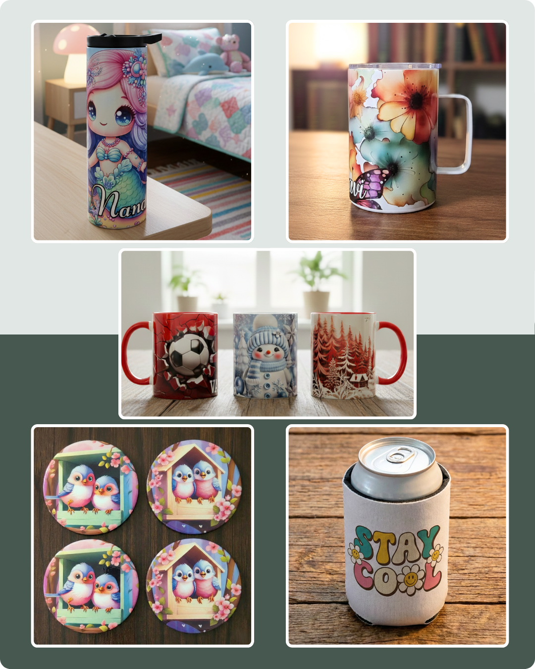 Collection of mugs and tumblers with various designs on a light gray background