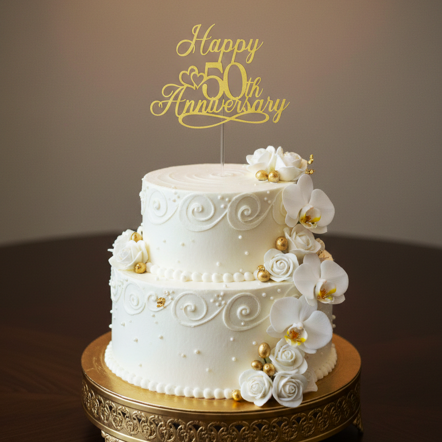 Two-tiered white wedding cake with floral decorations and 'Happy 50th Anniversary' topper on a wooden stand.